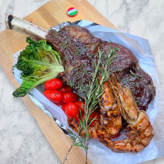 Angus Beef Tomahawk & Grilled Tiger Prawns